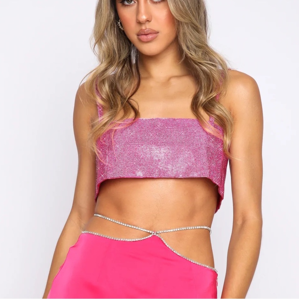 White Fox Rhinestone Hot Pink Crop Top